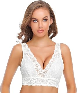 SHEKINI Elegant Women's Bralette Lace Floral Wirefree Bra with Removable Padded Deep Neckline Comfy Underwear