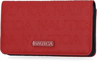 Nautica Seaside Slim Womens Wallet RFID Blocking Credit Card Holder, Coin Purse, Checkbook Organizer Clutch, Small Vegan Leather Wallet for Travel, Red (Embossed Logo)