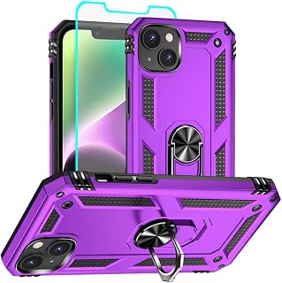 for iPhone 14 Case, iPhone 14 Phone Case with HD Screen Protector, [Military Grade 16ft. Drop Tested] Ring Shockproof Protective Phone Case for iPhone 14,Purple