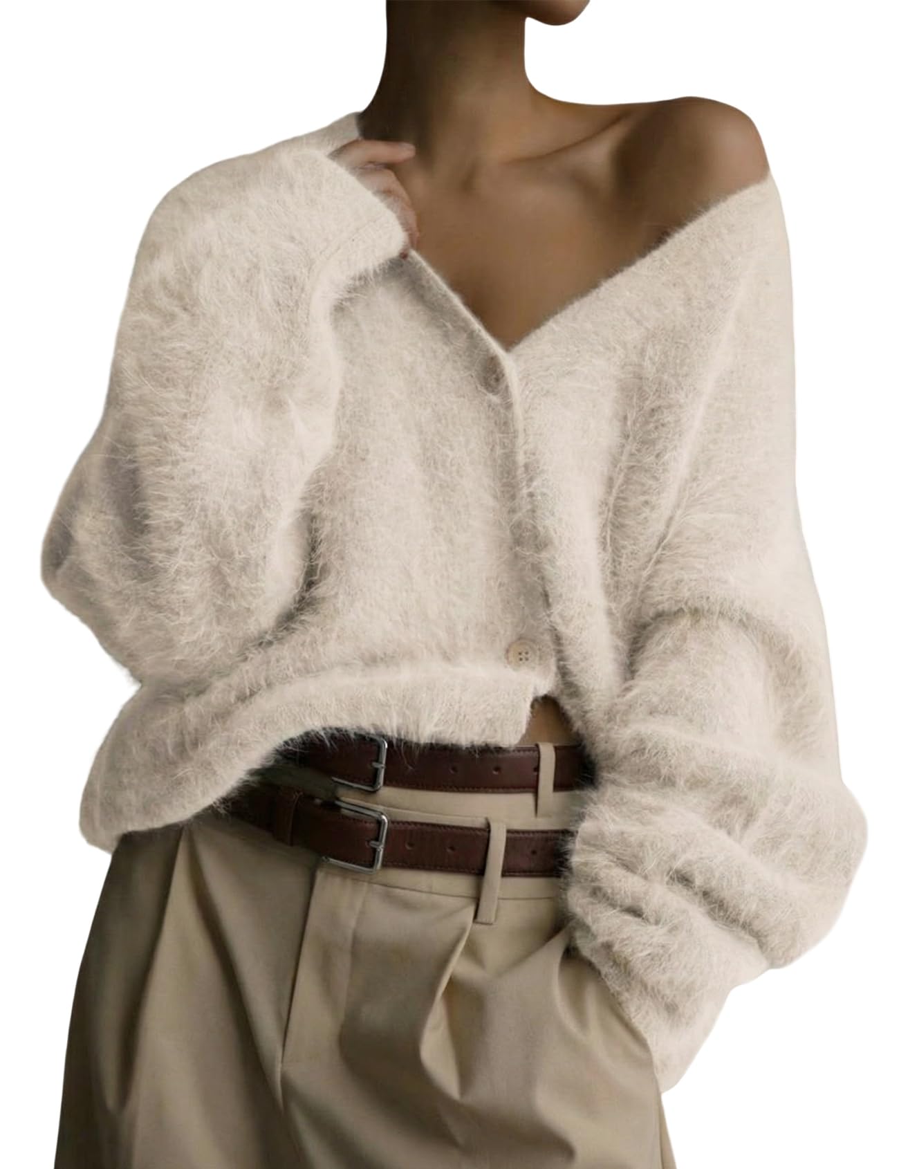 Yimoon Fuzzy Cardigan Sweater for Women V Neck Long Sleeve Button Down Loose Fuz