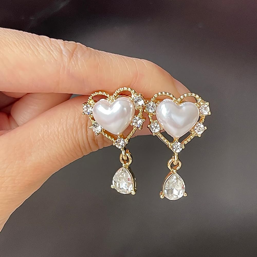 Sweet Heart Shaped Imitation Pearl Drop Earrings for Women Gold Color Jewelry