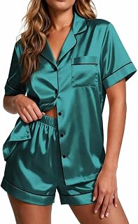 Ekouaer Pajama Set for Women Silk Satin Pajamas Button Down Sleepwear Summer Top and Shorts Lounge Set S-XXL