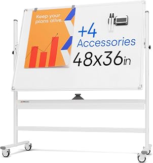 Kamelleo Rolling Whiteboard on Wheels 48" x 36", Double Sided White Board | Dry Erase Board with Stand, Adjustable Magnetic Whiteboard for Classroom, Office, Home, School, Strong Aluminium Frame