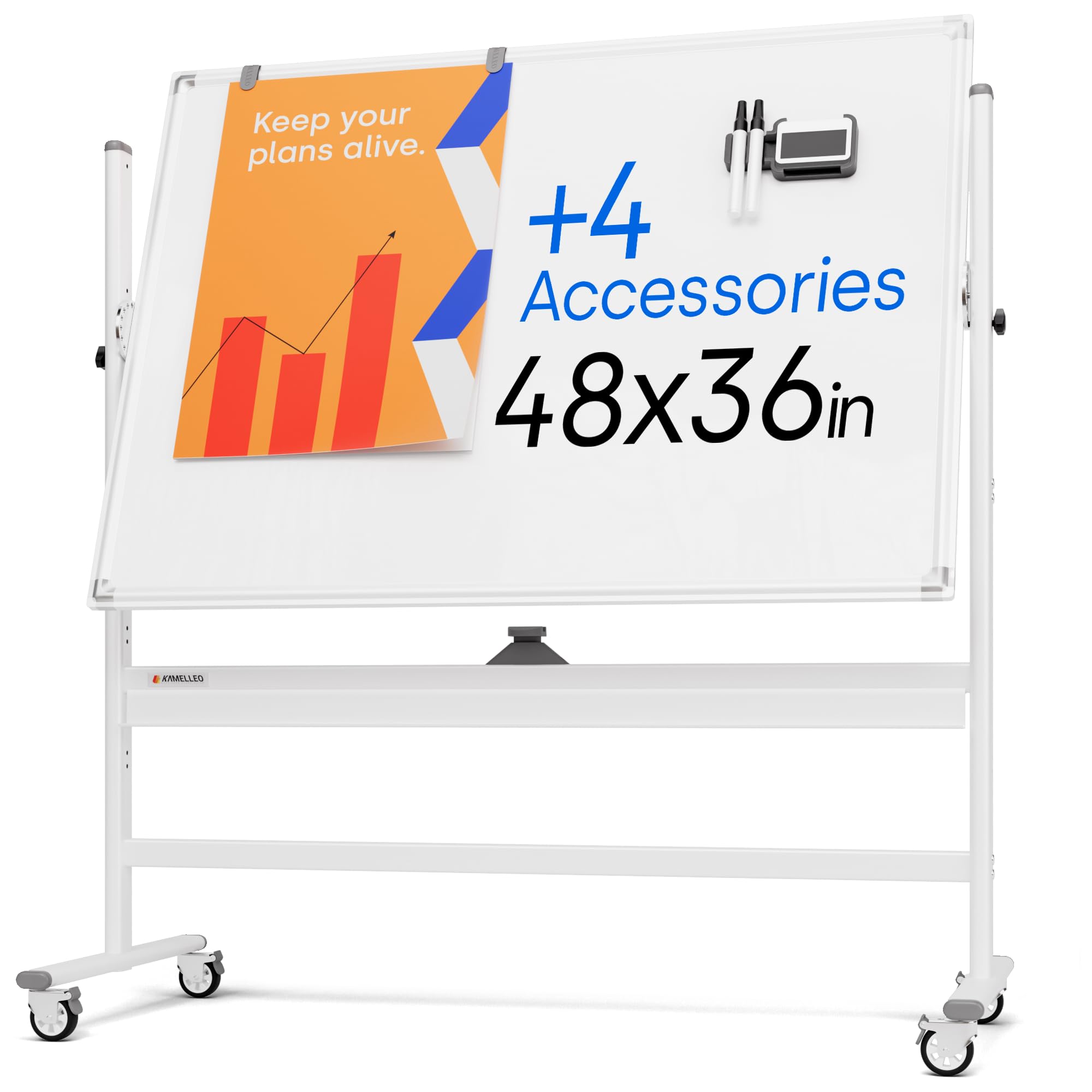 Kamelleo Rolling Whiteboard on Wheels 48" x 36", Double Sided White Board | Dry 