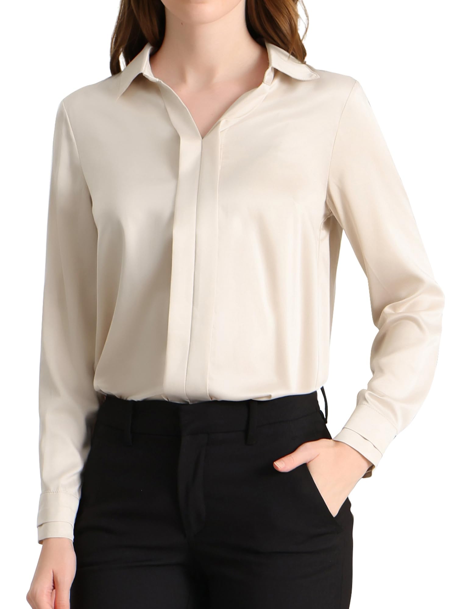 Allegra K Women's Work Blouse Long Sleeves in Silk Satin
