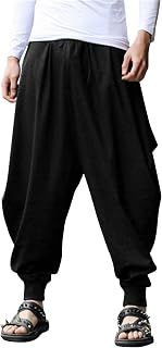 COOFANDY Men's Hippie Harem Pants Baggy Linen Boho Yoga Casual Drop Crotch Pants, Black, Small, Black, S