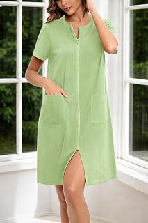 Zipper Front Bathrobes for Women, Short Sleeve Sleepwear with Pockets, Lightweight Soft Zipper Dress for Living Room, Home Coat