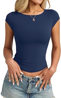 EasyGala Womens Double Lined Boat Neck Tops Cap Sleeve Tight Y2k T Shirts