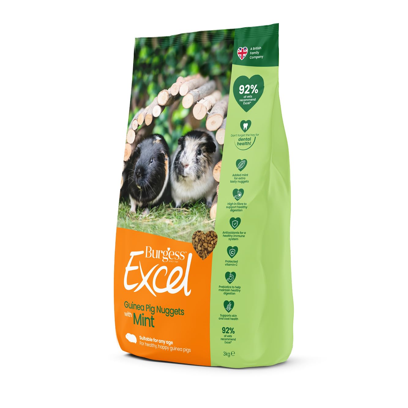 Excel Guinea Pig Food, Green, 3 kg (Pack of 1) | High Fibre Pellets, Extra Tasty