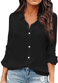 OMSJ Women Button Down Shirts Long Sleeve Chiffon Office V Neck Casual Business Blouses Tops