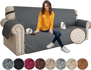 XINEAGE Couch Covers for 3 Cushion with Pockets and Non Slip Straps Water Resistant Sofa Slipcovers for Living Room Soft Thick Furniture Protector for Pets Dogs Kids (Large, Dark Gray)