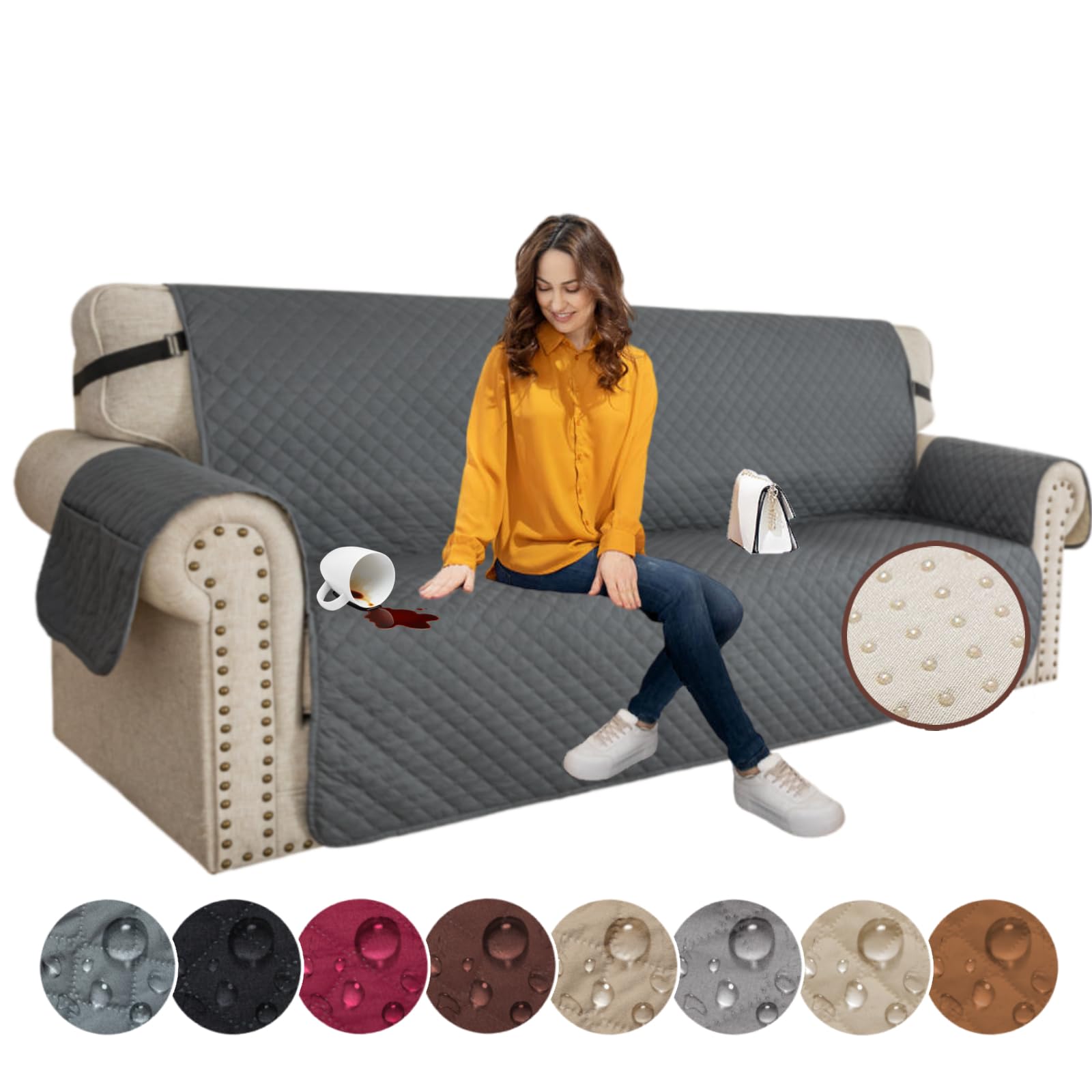 XINEAGE Couch Covers for 3 Cushion with Pockets and Non Slip Straps Water Resist