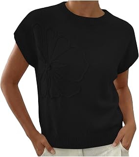 Rseomihvy Womens Short Sleeve Sweater Tops Floral Pullover Sweaters Summer Casual Crewneck Lightweight Knit Blouse