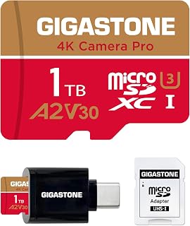 【5-Years Data Recovery】GIGASTONE 1TB Micro SD Card, 4K Camera Pro, R/W up to 150/130MB/s, for GoPro, DJI, Drone, 4K UHD Video Recording, MicroSDXC UHS-I U3 A2 V30, with Adapter & USB-C Card Reader