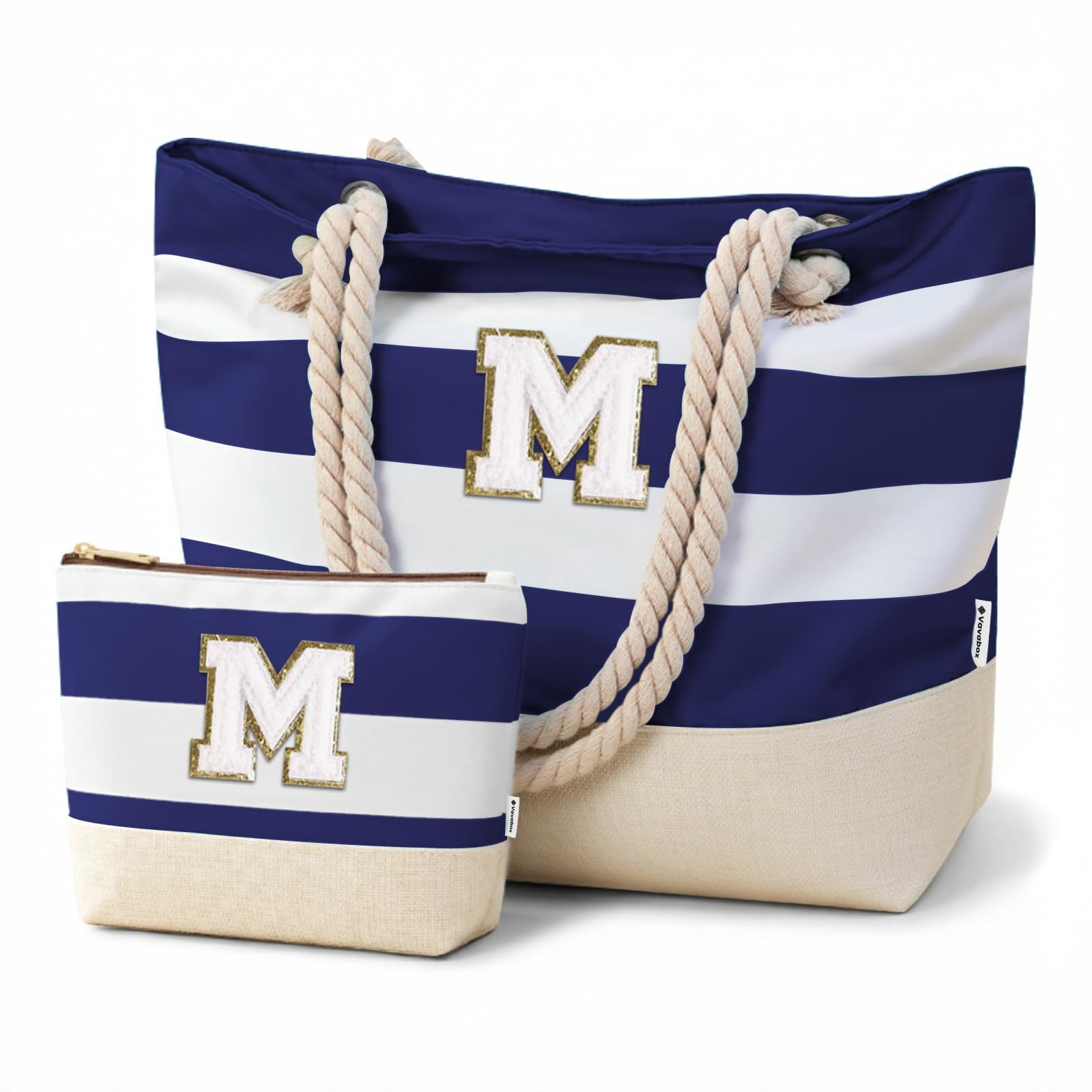 Vavabox Initial Beach Tote Bag for Women, Water-resistant Gifts for Women
