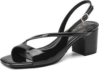 Women’s Square Open Toe Chunky Heels, Gold Silver Slingback Strappy Heel Sandals with Adjustable Buckle Strap Low Heeled Sandal Dressy Shoes