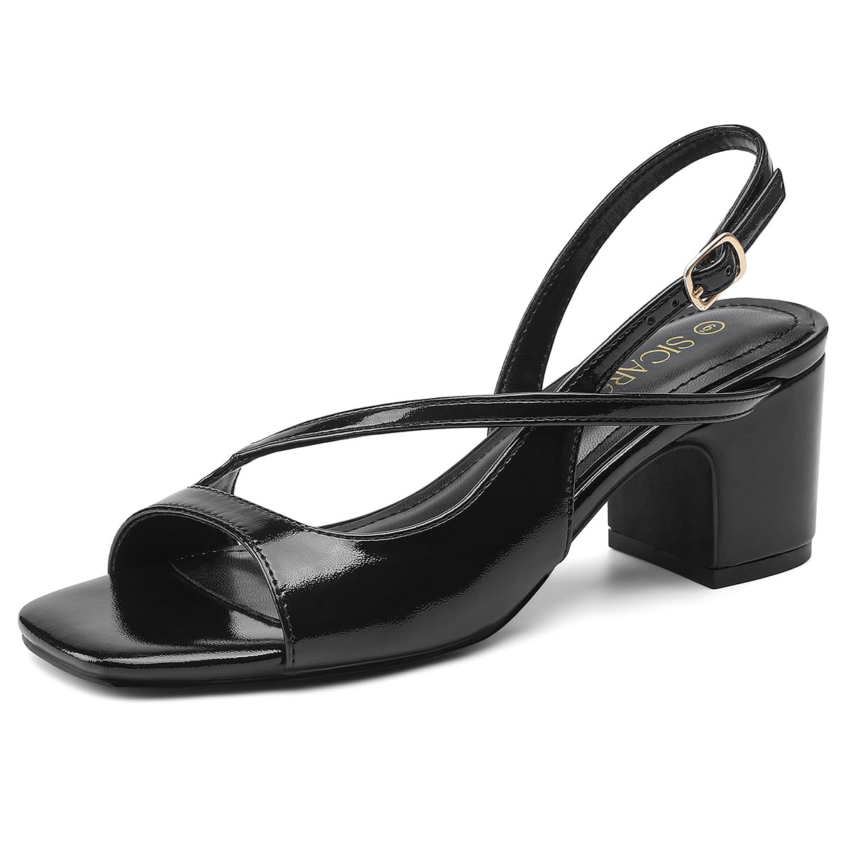 Women’s Square Open Toe Chunky Heels, Gold Silver Slingback Strappy Heel Sandals