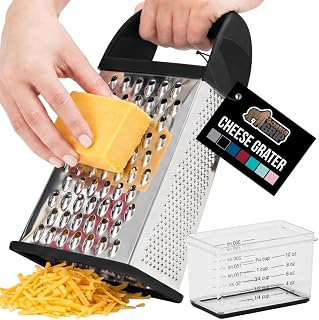 GORILLA GRIP® XL 4-Sided Stainless Steel BPA-Free Cheese Grater, Black | Includes Measurement Container, Slip Resistant Base, Quickly Grate Hard Parmesan, Shred Veggies, Zest Citrus, Dishwasher Safe