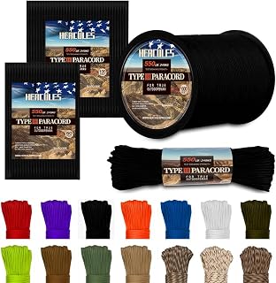 HERCULES Type III Paracord 550 Paracord Rope Parachute Cord, 50' Black | Utility Rope for Crafting, DIY, Camping, Survival, Outdoor