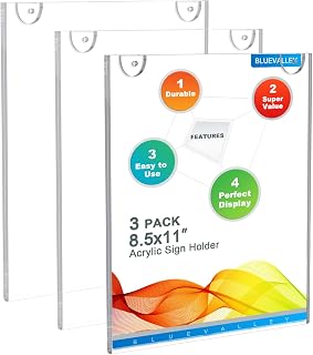 BlueValley Clear Acrylic Sign Holder 8.5x11 - Wall Mount Plexiglass Ad Poster Picture Frame with Sticker & Screw, Vertical Plastic Menu Sign Holders for Window Wall Display Brochure Flyer Document Certificate - 3 Pack