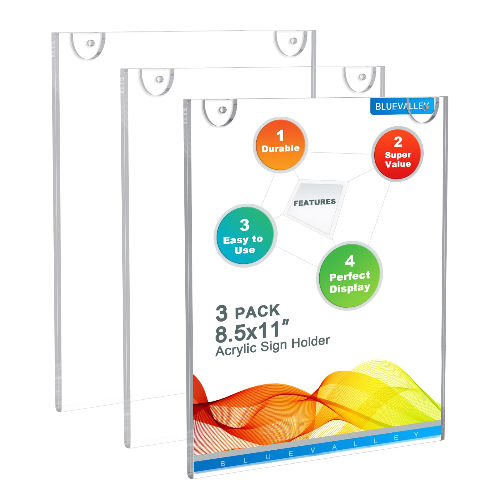 BlueValley Clear Acrylic Sign Holder 8.5x11 - Wall Mount Plexiglass Ad Poster Pi