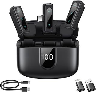 Wireless Lavalier Microphone for iPhone, Android & Laptops, Noise Cancellation, Auto Pairing, 24H Battery Life with Charging Case, USB C Mini Microphone for Vlogs, Interview, Podcasts, Live Streaming