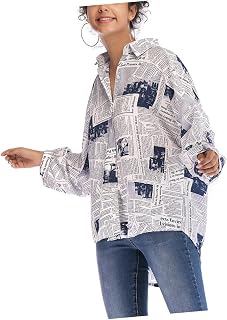 GALPADA Women Newspaper Print Lapel Shirt Single Breasted Blouse Blue