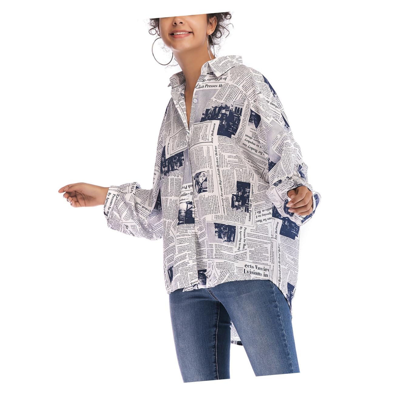GALPADA Women Newspaper Print Lapel Shirt Single Breasted Blouse Blue