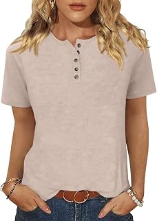 TICTICMIMI レディース クルーネック 半袖 トップス 夏 ベーシック ボタン Tシャツ ゆったり キュート チュニック Tシャツ ブラウス フィット プルオーバー