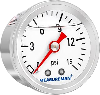 MEASUREMAN 1-1/2" Dial Size, Glycerin Filled Fuel Pressure Gauge, 304 Stainless Steel case, 0-15Psi, 3-2-3%, 1/8" NPT Back Mount