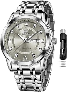 OLEVS Mens Classic Analog Quartz Watch Stainless Steel Waterproof Date Diamond Silver