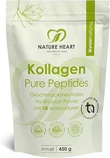 Nature Heart Kollagen Pure Peptides Pulver 450g – hydrolysiertes Kollagen Typ I aus Weidehaltung – geschmacksneutral, löslich mit über 91% Protein
