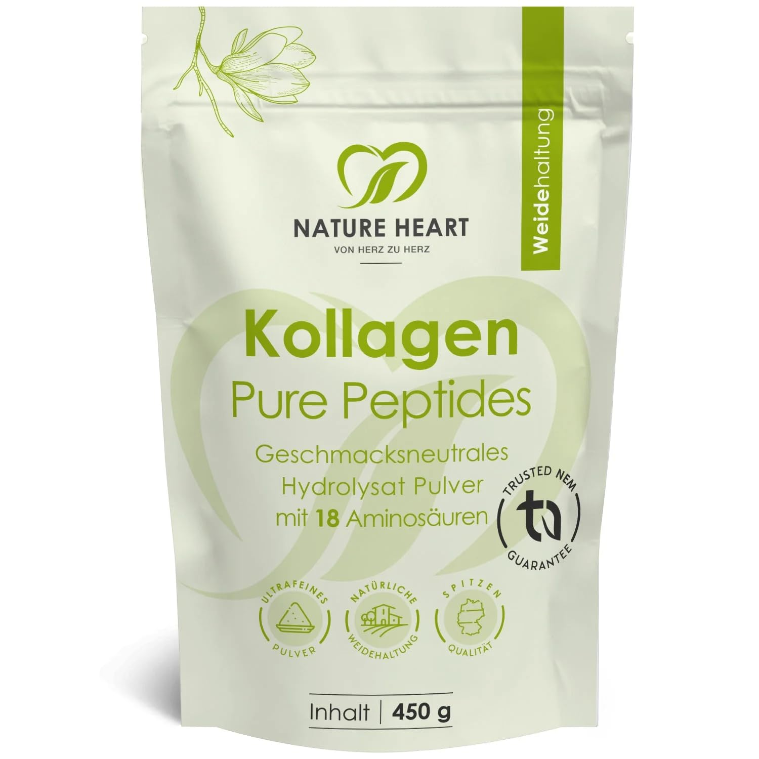 Nature Heart Kollagen Pure Peptides Pulver 450g – hydrolysiertes Kollagen Typ I 