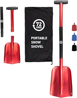 72HRS Collapsible 3-in-1 Aluminum Compact Snow Shovel (21" -32" RED) | Compact Snow Removal Emergency Kit for Vehicle, Car, Van, SUV, Truck, Snow Mobile, Snowboard Gear, Camping & Gardening