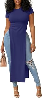 OPOIPIN Women's Crew Neck Split Slit Hem Short Sleeve Slim Fit Tee Top Long Shirt Tunic