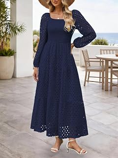 Abito lungo da donna con occhielli scavati fuori a maniche lunghe con scollo quadrato in pizzo floreale fluente una linea primaverile abiti per gli ospiti di nozze