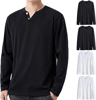 Hisitosa Long Sleeve T-Shirt, Men's, 3-Piece Set, 4-Piece Set, Autumn Clothing, Men's T-shirt, 100% Cotton, Solid, Long T-shirt, Henley Neck Fitness, Stylish, Inner Shirt, Men's Single, Underwear