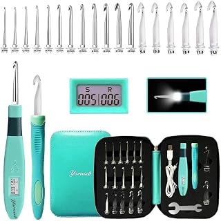 Yarniss 18 Size Counting Crochet Hooks Set with Light Handle 2.0mm~14.0mm | Digital Counter Crochet Hook with Metal Head, Glow In Dark Better for Night Crocheting