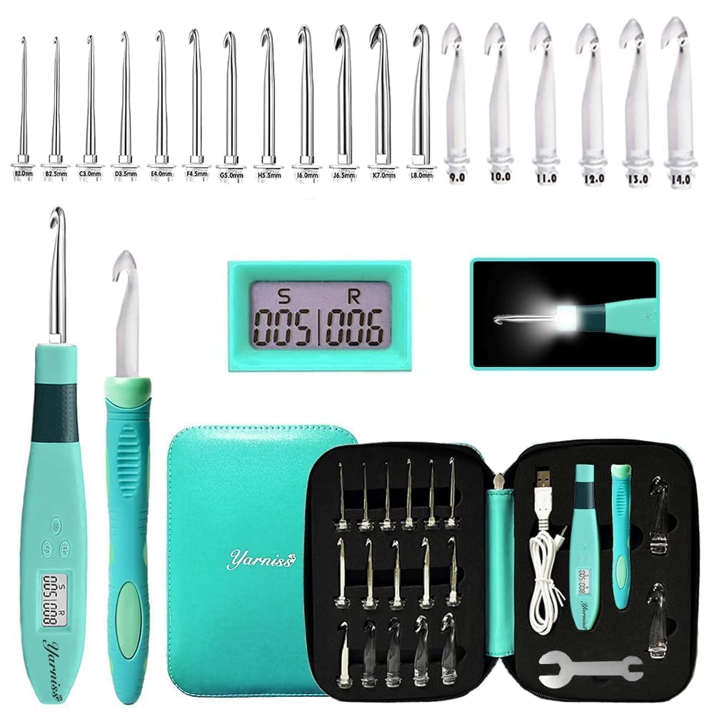 Yarniss 18 Size Counting Crochet Hooks Set with Light Handle 2.0mm~14.0mm | Digi