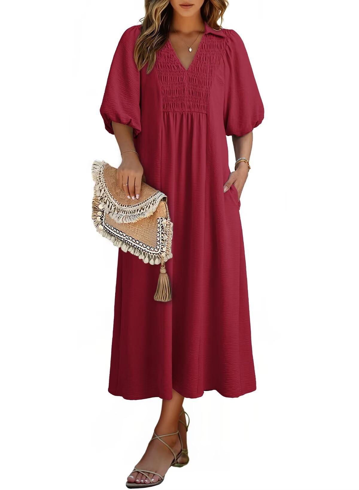 Dokotoo Summer Dresses for Women 2026 Casual Dresses V Neck Puff Sleeve Empire W