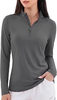 KEFITEVD Women's Long Sleeve T-shirt, Sports, Half Zip, UV Protection, Sweat-Absorbent, Quick Drying, Pullover, UPF 50+, Rash Guard, Thin, Plain, Golf Wear, Top