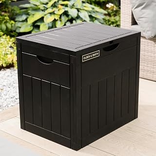 Olsen & Smith 126L Lockable Outdoor Garden Plastic Storage Box Container Chest - Small Lawn Balcony Furniture, Weather Resistant, Wood Panel Effect (Black)