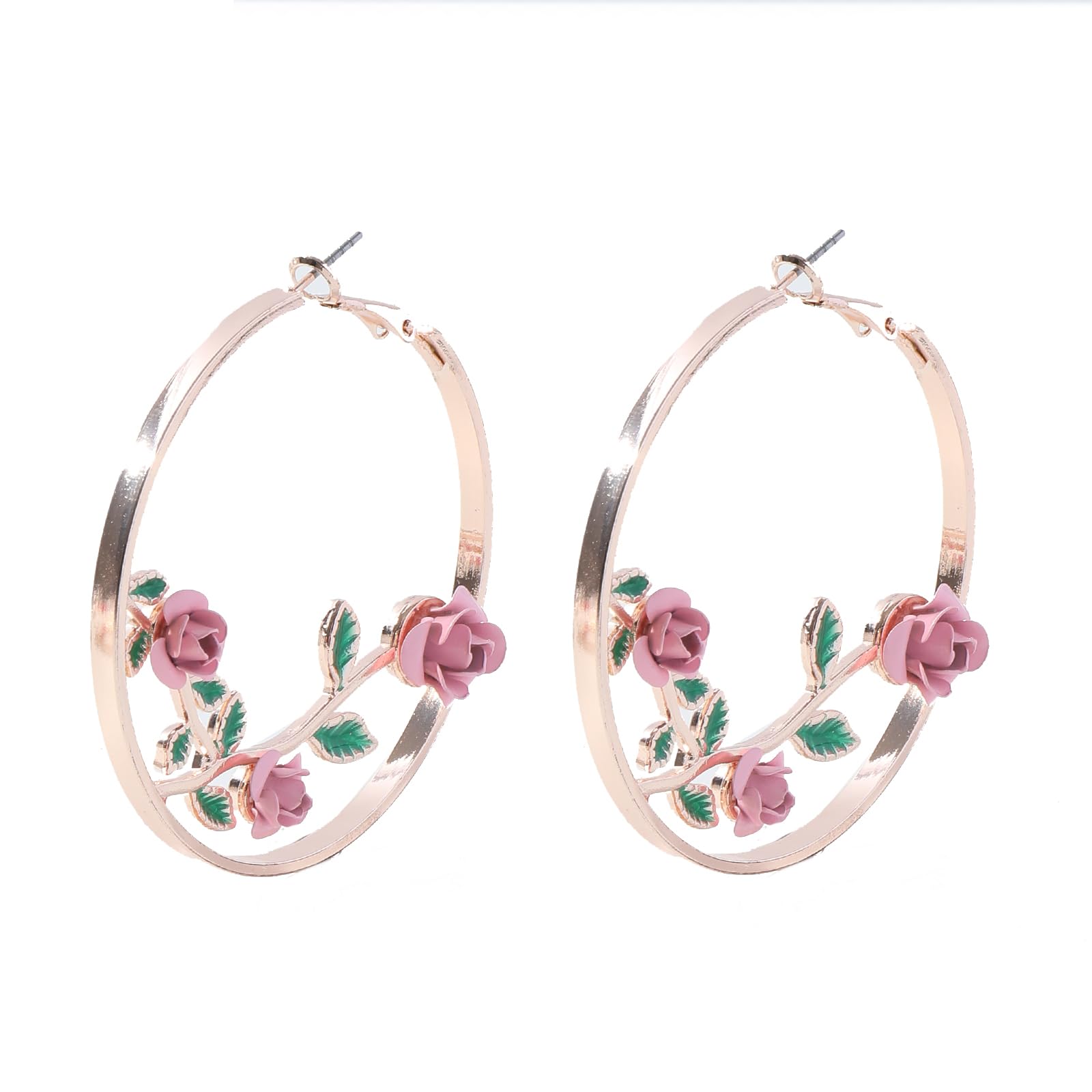 1 Pair Gold Rose Gold Plated Hoop Earrings for Women, Colorful Rose Design State