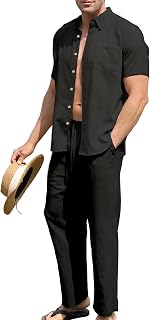 URRU Men’s 2 Piece Linen Outfit Summer Beach Short Sleeve Button Down Shirt and Pants Set