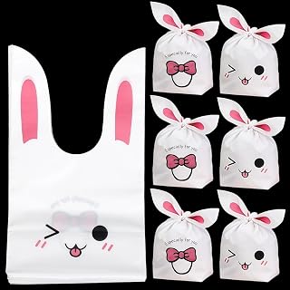 50 Pack Bunny Ears Gift Bags, Double-Sided EVA Gift Bags with Double-Sided Pattern for Birthday Party Holiday Party Favors 10x17cm
