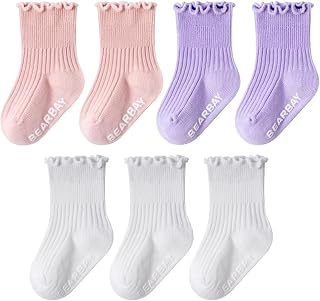 7 Pairs Baby Girls Ruffle Grip Socks Non-Slip - Cute Cotton Ankle Socks for 0 Months - 7 Years Old Walking