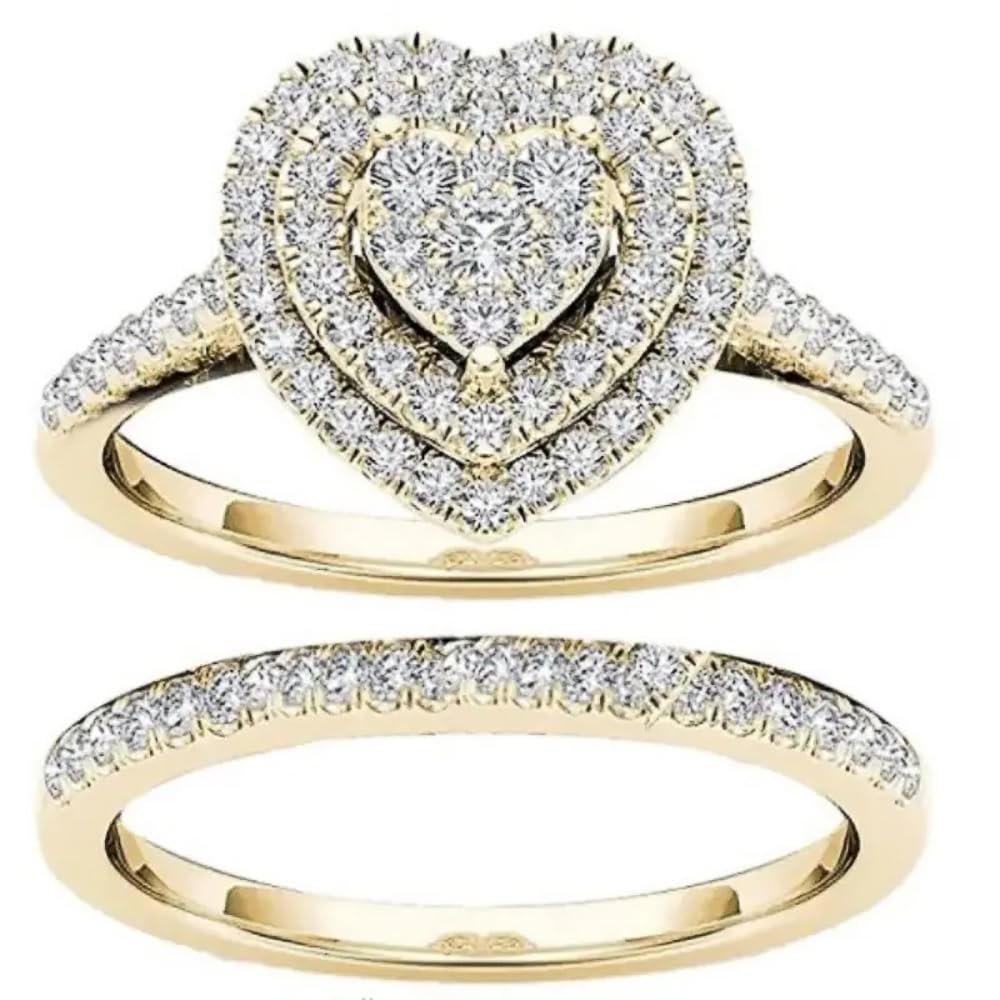 2 Pieces Sparkling CZ Heart Ring Set for Women Jewelry Accessories