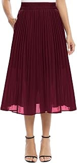 EXCHIC Women's Casual Chiffon Elastic Waist Pleated Midi Skirt with Pocket