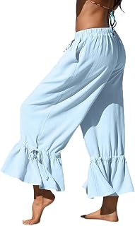 TARSE Womens Linen Wide Leg Pants Ruffled Casual Drawstring with Pockets