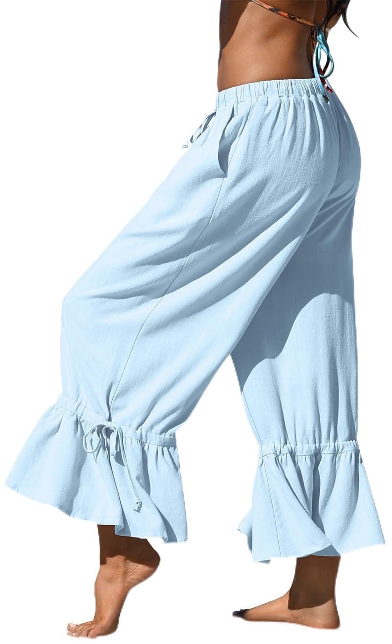 TARSE Womens Linen Wide Leg Pants Ruffled Casual Drawstring with Pockets